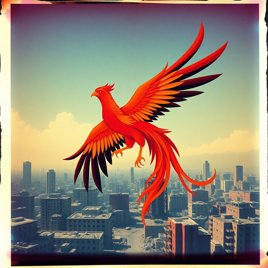 AI generated art for prompt: A majestic phoenix rises from the remnants of an apocalyptic cityscape in a captivating blend of dig