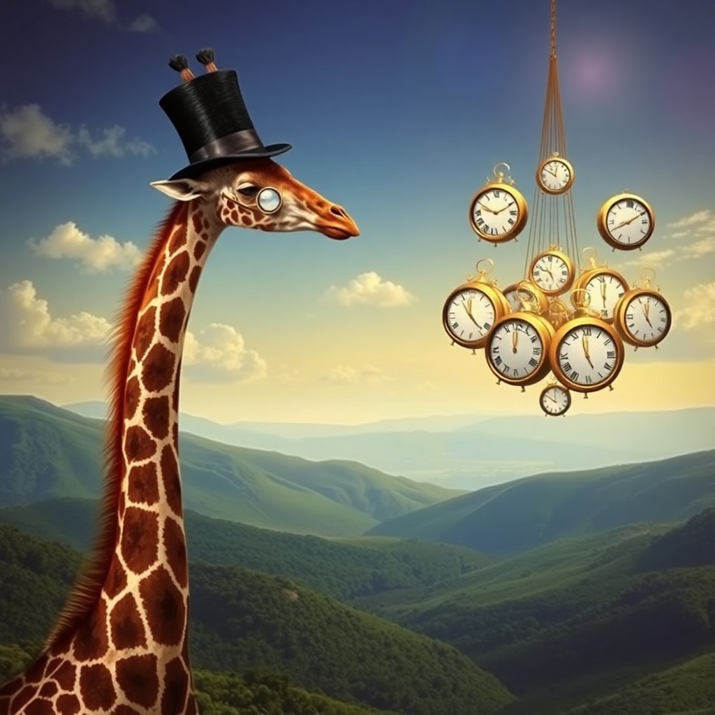 AI generated art for prompt: Imagine an enchanting dreamscape where a regal giraffe adorned with a top hat and monocle hovers abo