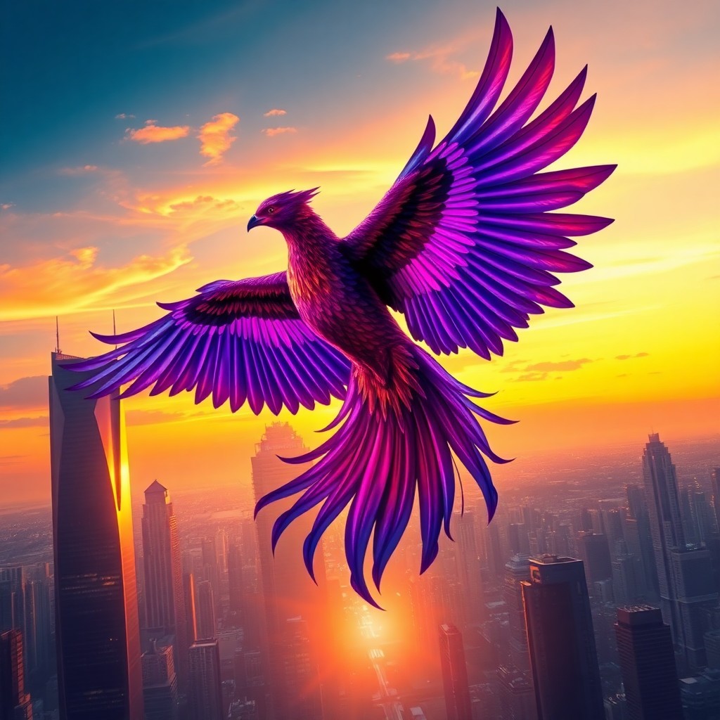 AI generated art for prompt: A mesmerizing digital artwork portraying an awe-inspiring phoenix soaring through the sky above a fu