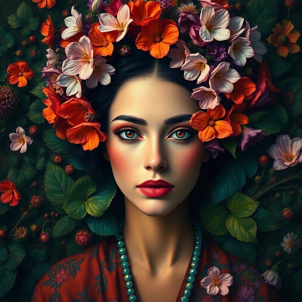 AI generated art for prompt: Envision an alluring portrait in the enchanting style of Kahlo-inspired surrealism, showcasing a wom