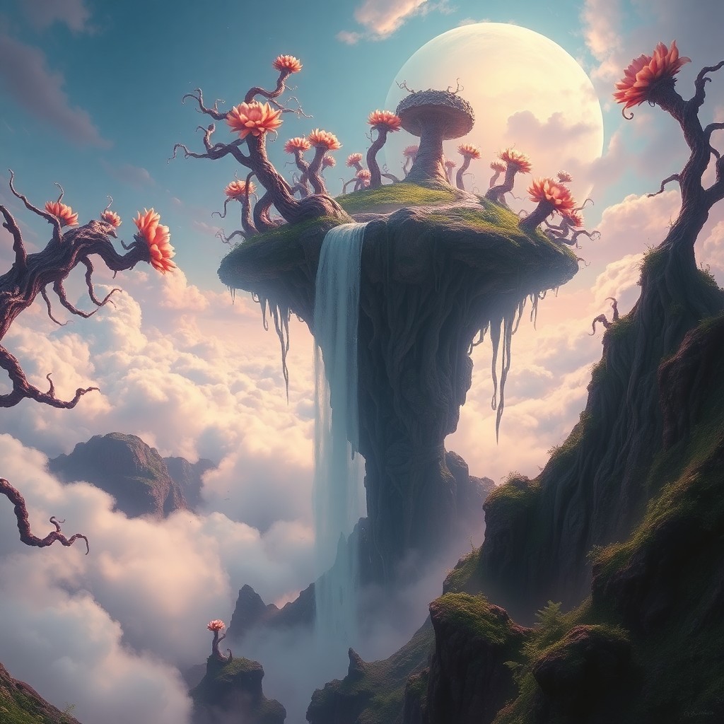 AI generated art for prompt: A panoramic digital painting unfolds, capturing a dreamlike floating island in the sky. This surreal