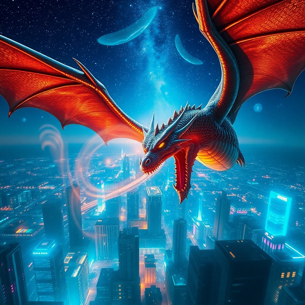 AI generated art for prompt: An awe-inspiring digital art piece showcases a majestic dragon soaring above a futuristic cityscape,