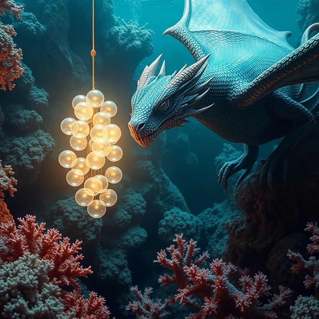 AI generated art for prompt: A mesmerizing underwater scene depicting an enigmatic dragon with iridescent scales gliding effortle