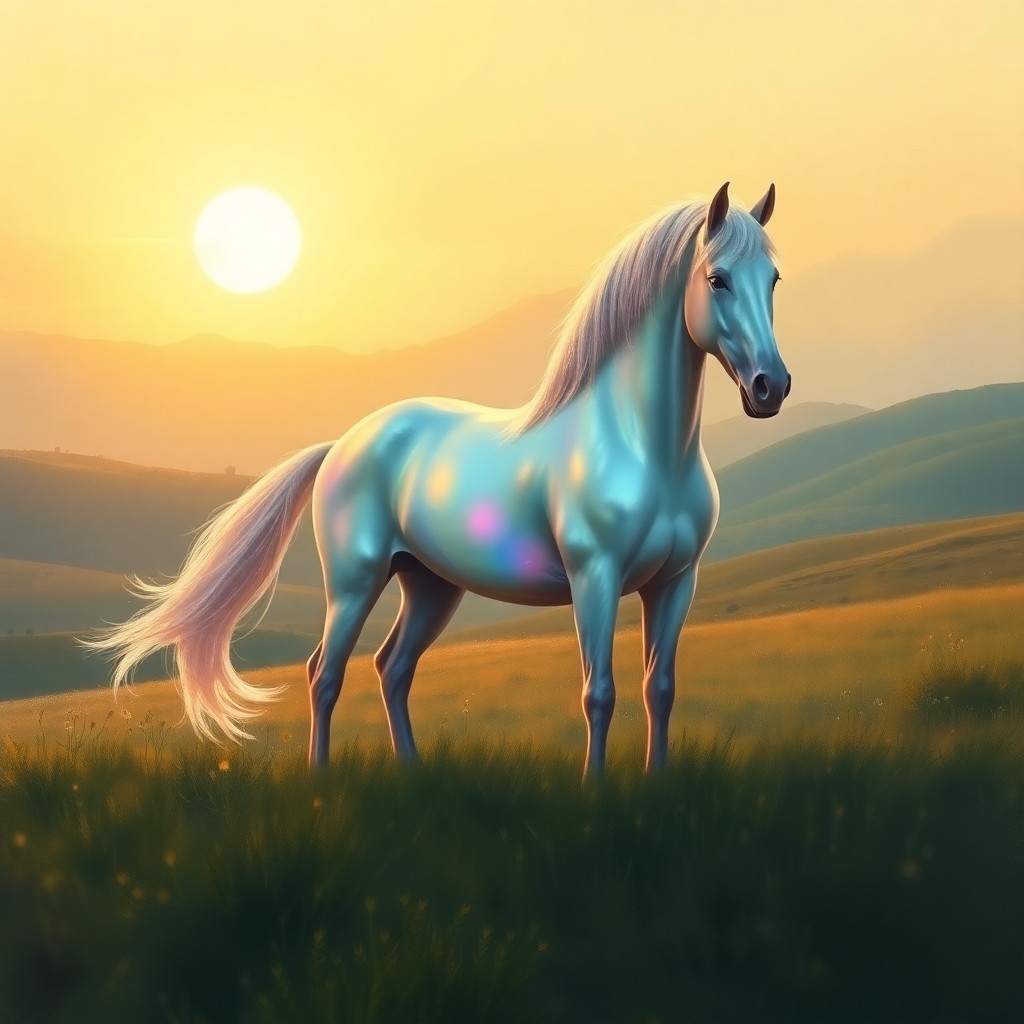 AI generated art for prompt: A majestic equine creature with an opalescent hide stands in a tranquil meadow under the golden ligh