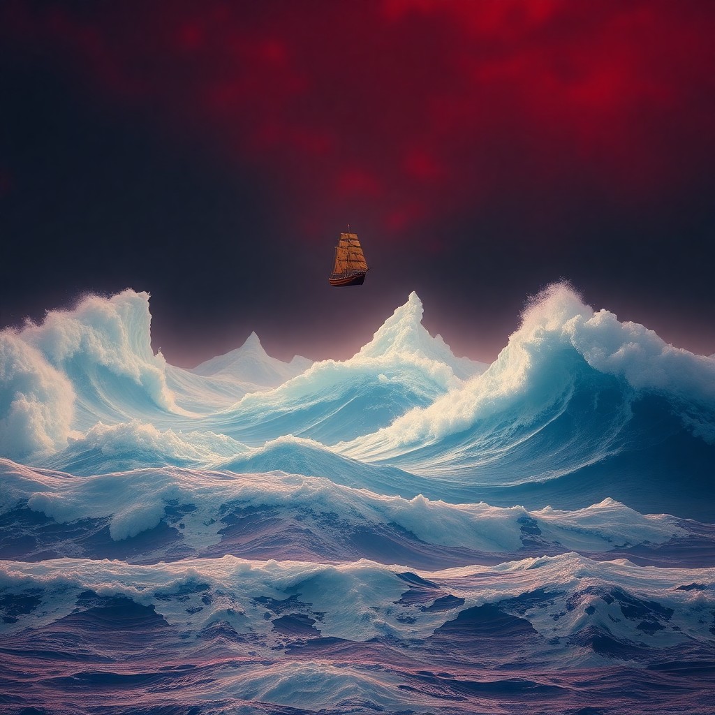 AI generated art for prompt: A surreal seascape depicting an expansive ocean with towering waves, their frothy peaks frozen in an