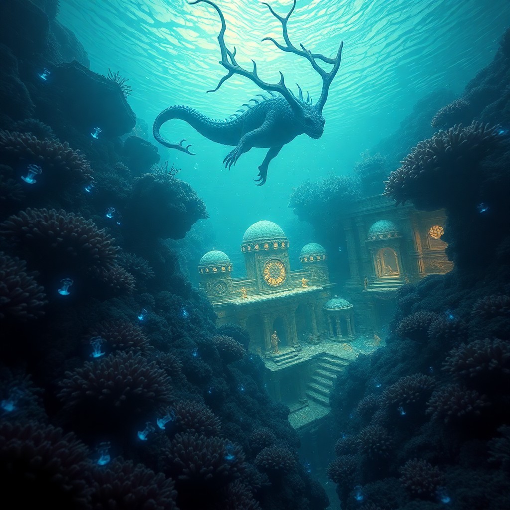 AI generated art for prompt: A surreal underwater realm reveals an enigmatic creature resembling a mythical being gracefully trav