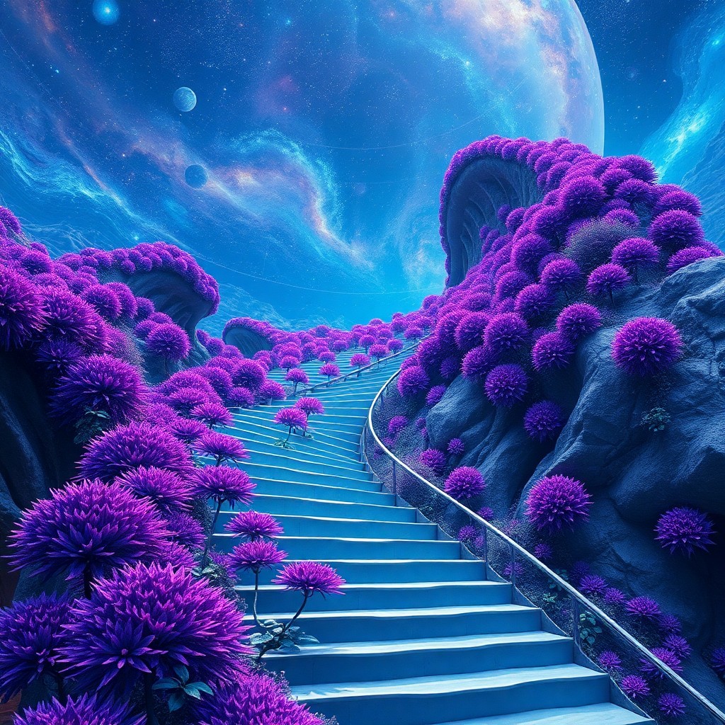 AI generated art for prompt: A surreal dream landscape unfolds, reminiscent of cosmic architecture with a grand staircase stretch