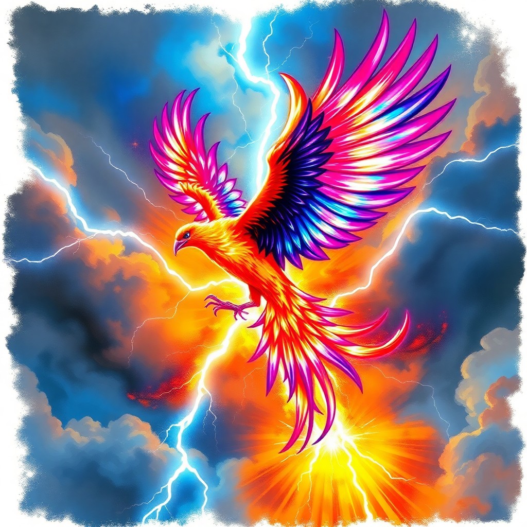 AI generated art for prompt: A mythical phoenix soars through an electric tempest, its iridescent feathers reflecting vibrant hue