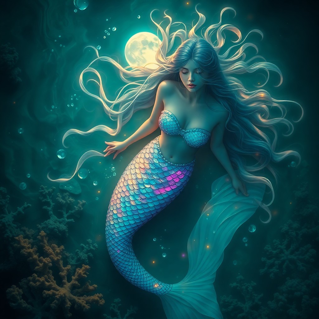 AI generated art for prompt: A mesmerizing digital artwork depicting a mermaid princess with scales shimmering in an array of iri