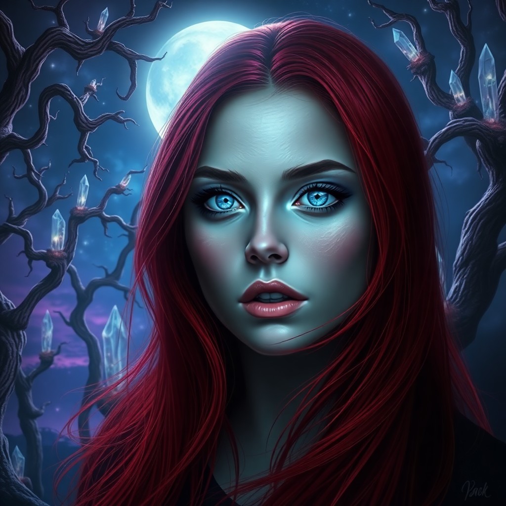 AI generated art for prompt: A mesmerizing digital artwork portrays an enigmatic female figure with striking ice-blue eyes, her f