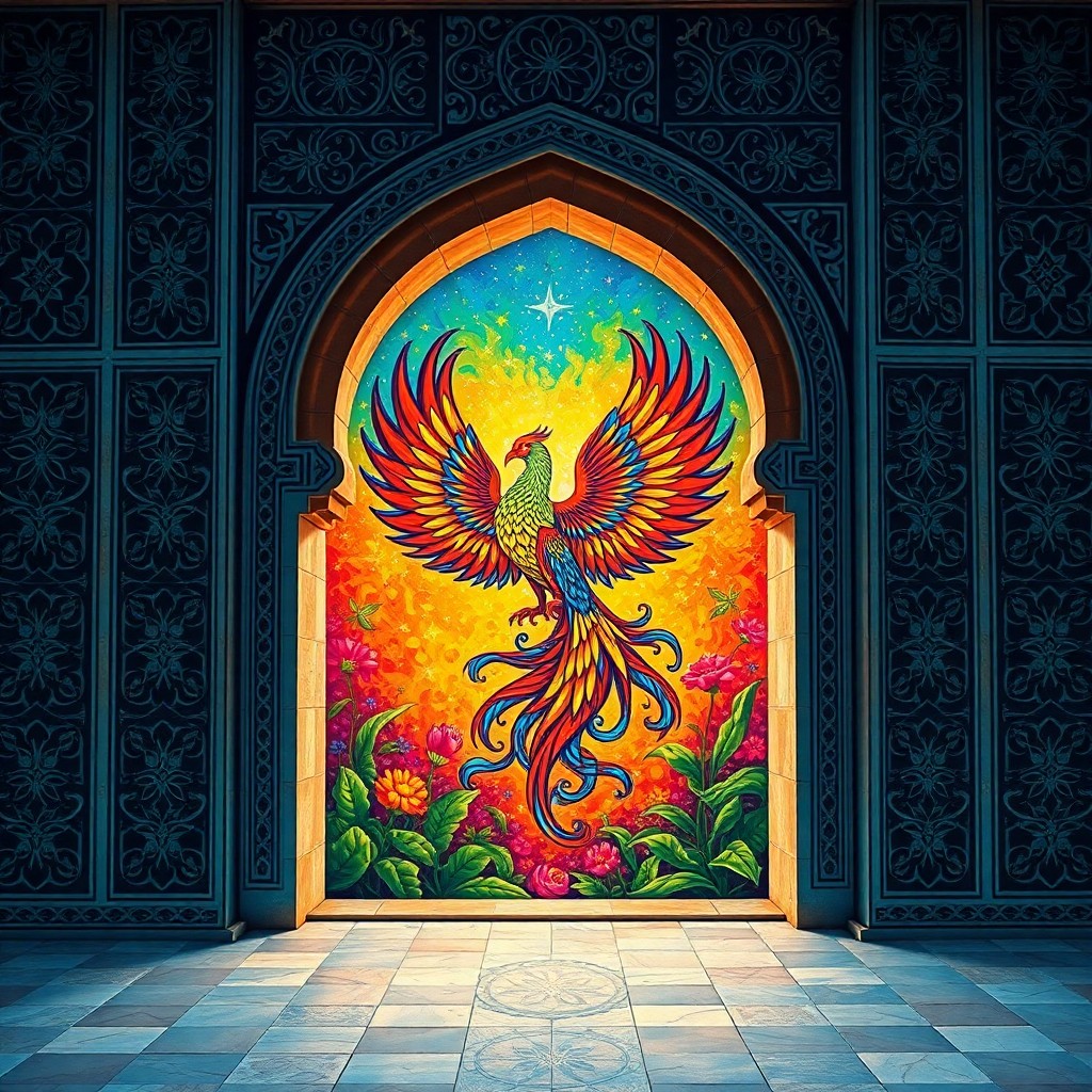 AI generated art for prompt: A captivating blend of vivid Mexican folk art and intricate Islamic architecture creates an enchanti