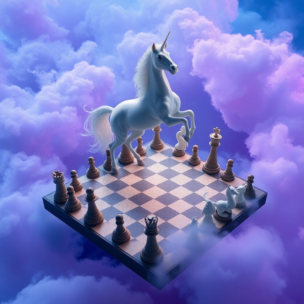 AI generated art for prompt: Visualize a surreal scene where an awe-inspiring unicorn gracefully stands on a levitating game boar