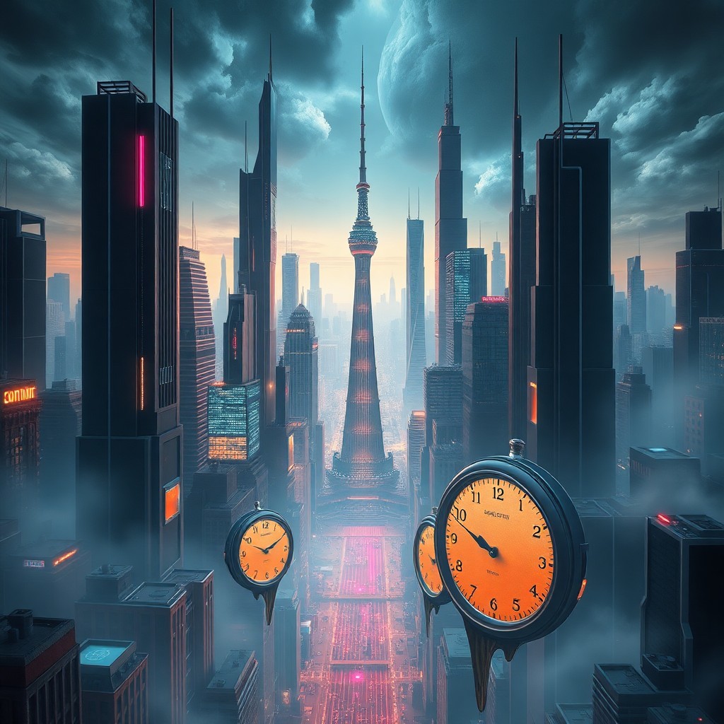 AI generated art for prompt: A surreal digital artwork portraying a futuristic metropolis from an aerial viewpoint, featuring a s