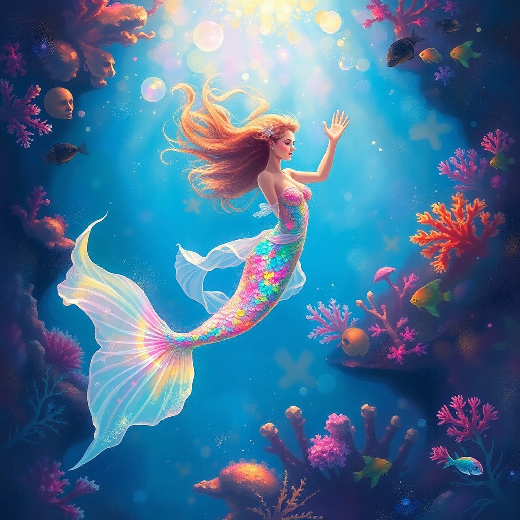 AI generated art for prompt: A serene mermaid glides through an enchanting underwater realm, her luminescent scales radiating an 