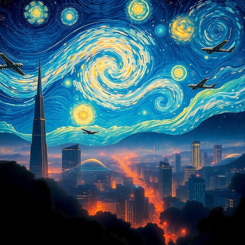 AI generated art for prompt: Imagine an enchanting landscape reminiscent of Van Gogh's celestial masterpiece, but instead of a pe