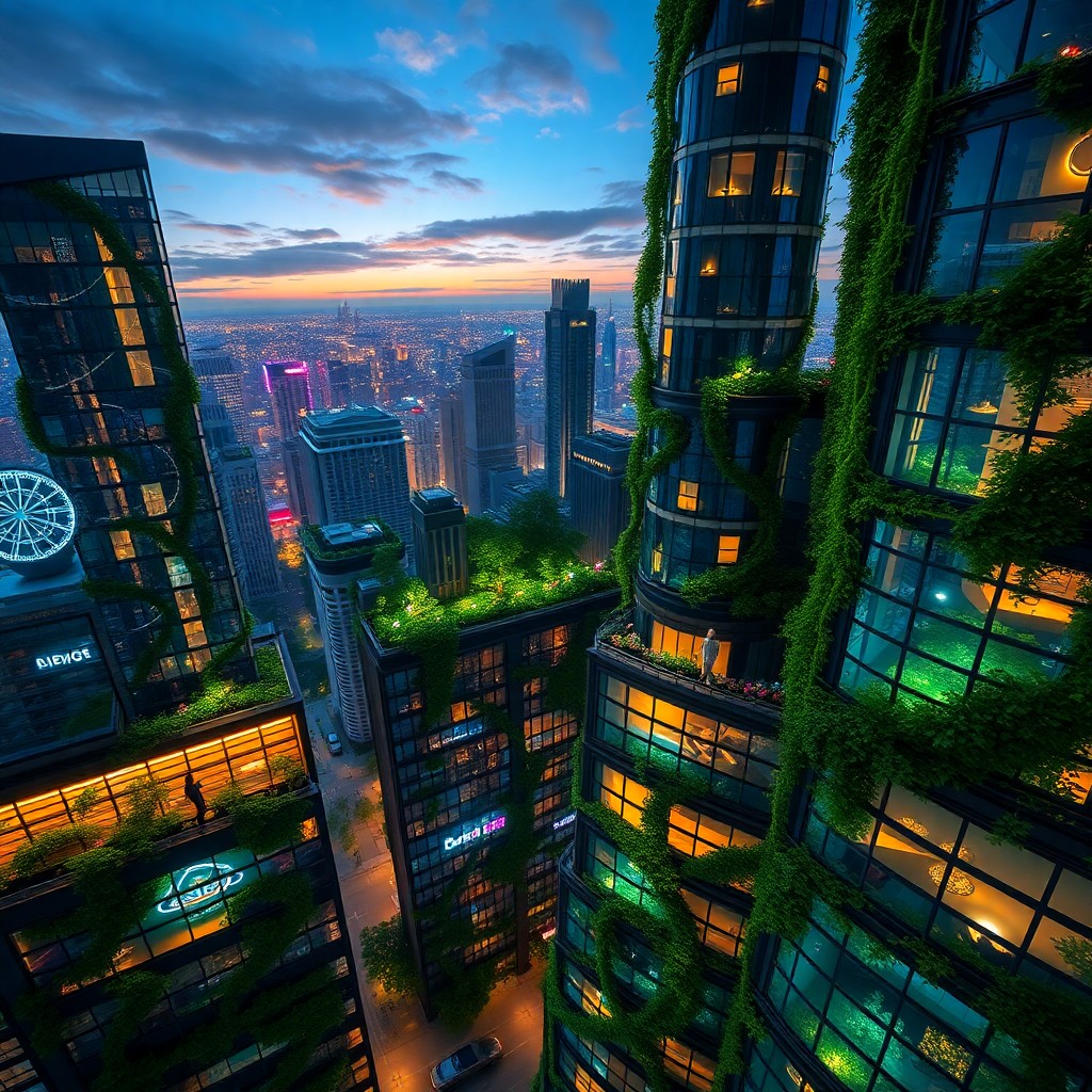 AI generated art for prompt: An aerial perspective unveils a futuristic cityscape garden, where skyscrapers merge with nature in 