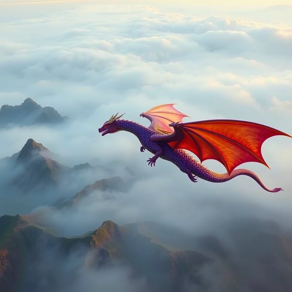 AI generated art for prompt: A surreal landscape depicts a majestic dragon soaring through a tranquil misty terrain. The mythical