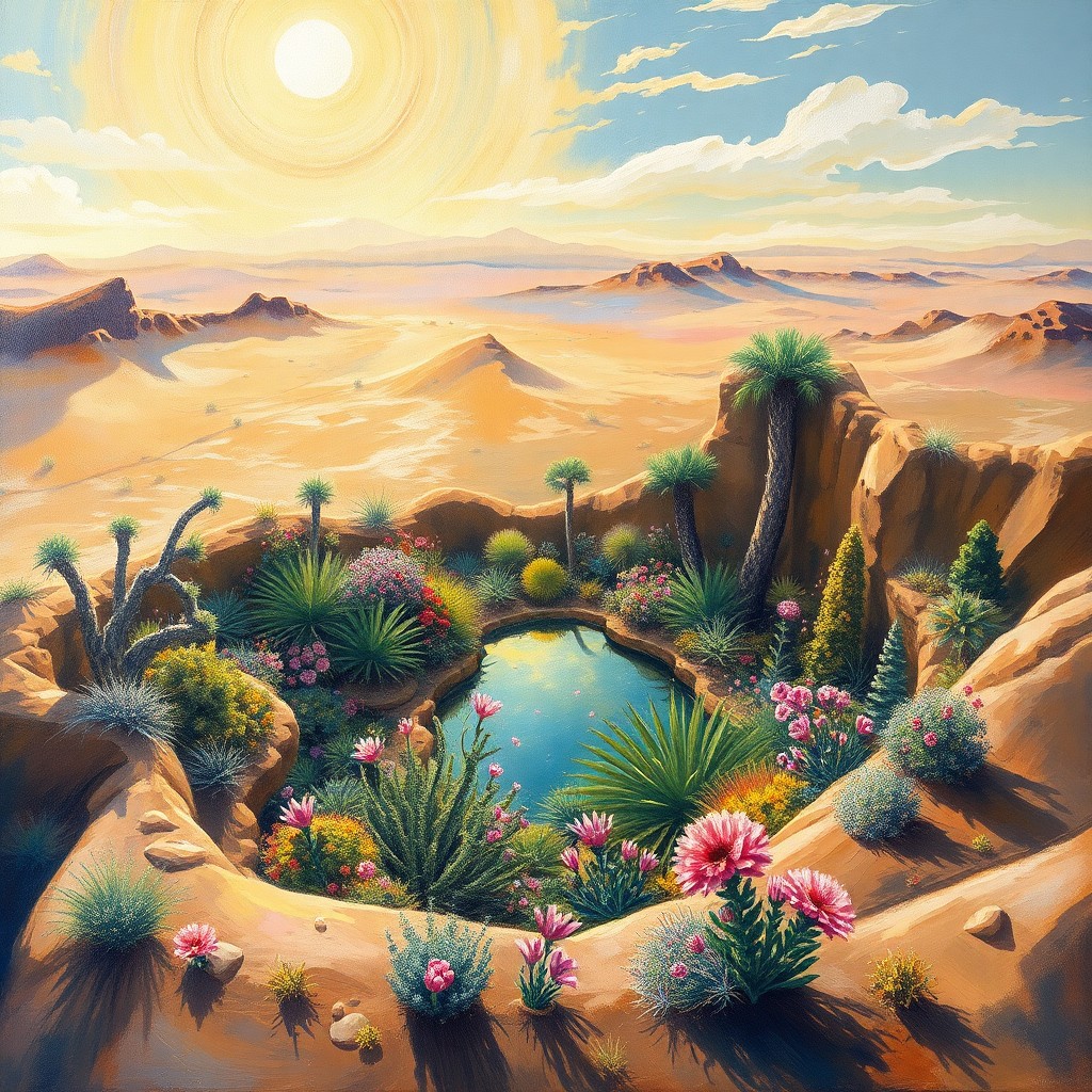 AI generated art for prompt: A mesmerizing oil painting depicts an oasis-like garden nestled within a vast desert landscape, view