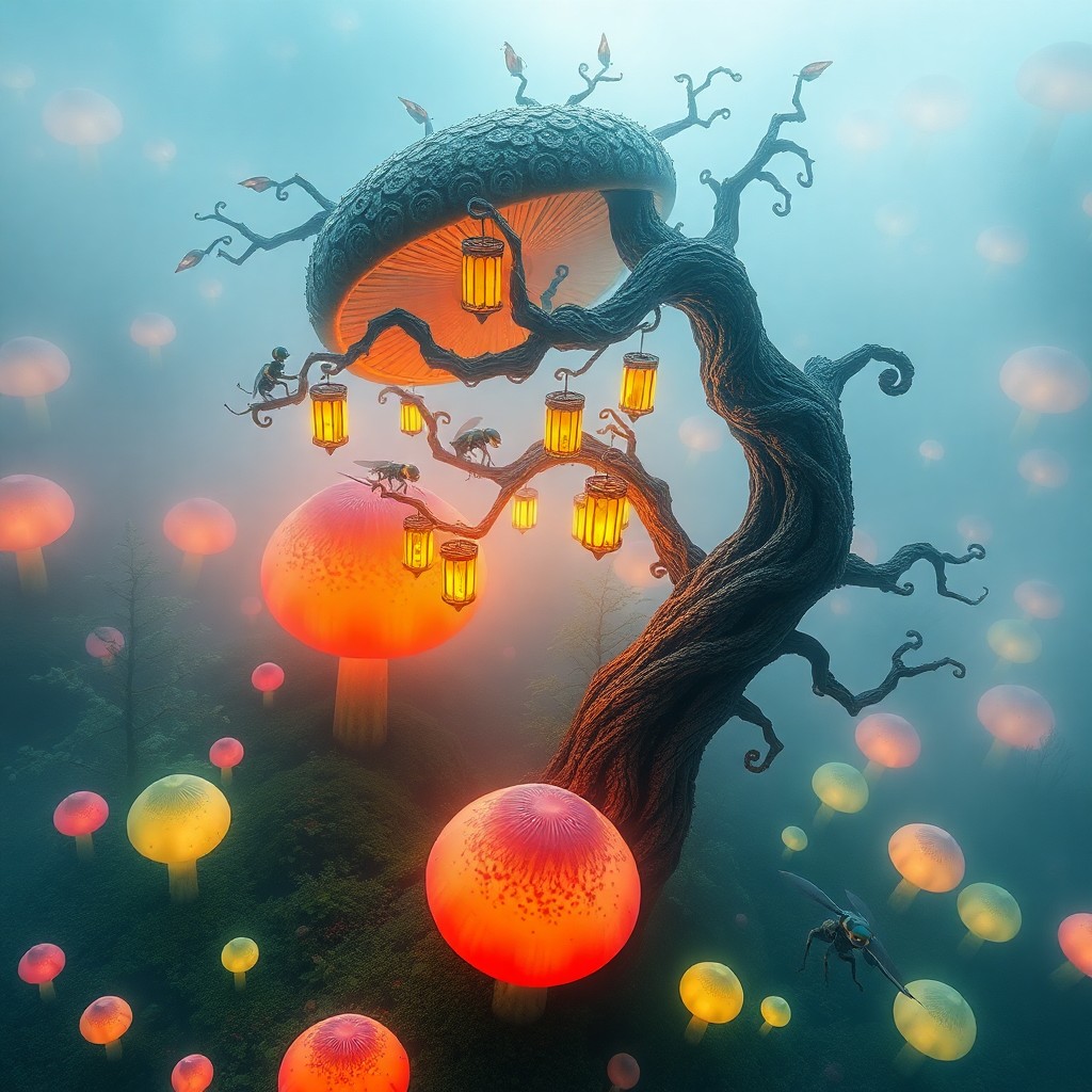 AI generated art for prompt: Imagine a surreal digital art landscape reminiscent of Tim Burton's whimsical imagination. Set in an