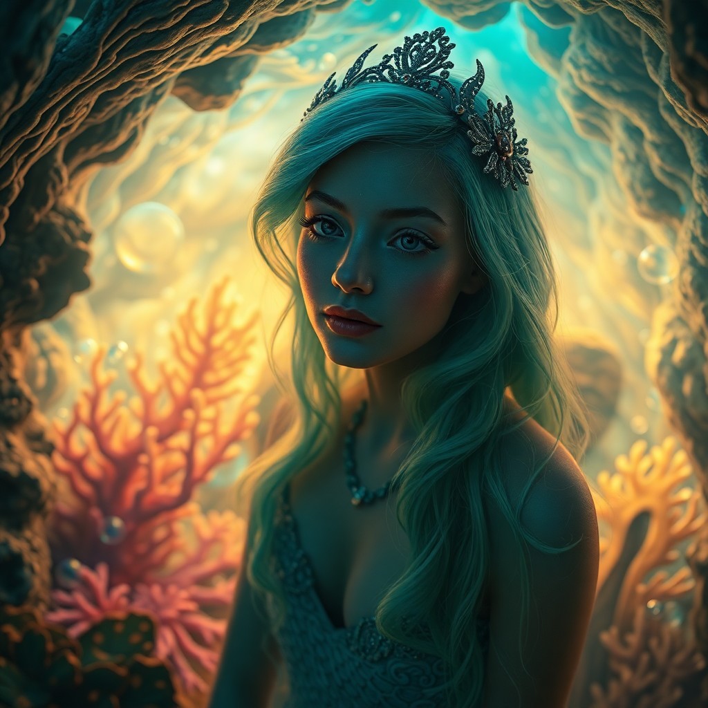 AI generated art for prompt: An enchanting digital art portrait reminiscent of surrealist aesthetics, this scene depicts a serene