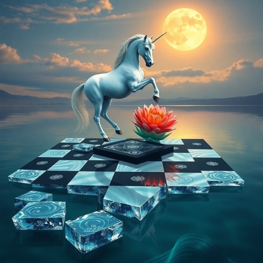 AI generated art for prompt: Craft an image in the surrealistic style, showcasing a majestic unicorn poised atop a floating chess