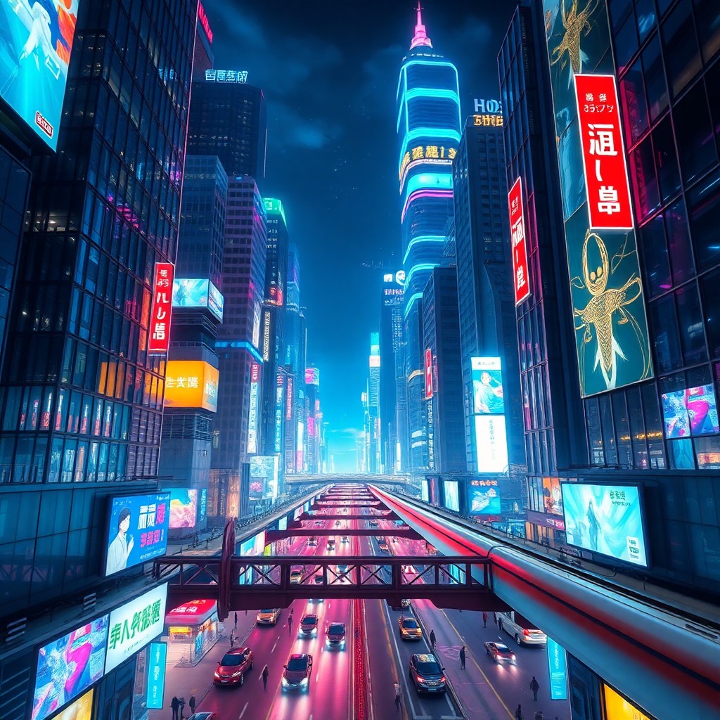 AI generated art for prompt: Visualize a futuristic metropolis illuminated by neon lights, reminiscent of the vibrant color schem