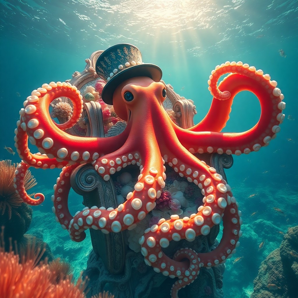 AI generated art for prompt: An image depicting an enchanting underwater realm, with a colossal octopus resting on a throne intri