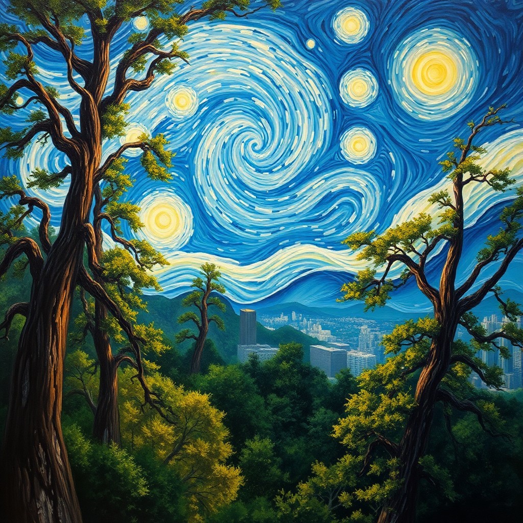 AI generated art for prompt: Imagine an oil painting brimming with the energy and bold brushstrokes akin to Van Gogh's "Starry Ni