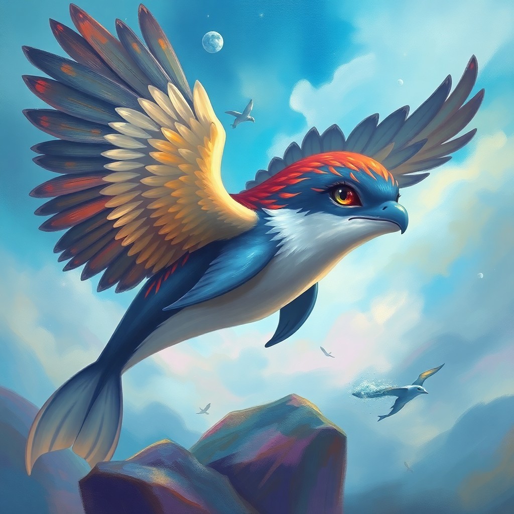 AI generated art for prompt: A fantastical creature with the majestic wings of an eagle seamlessly blending into the sleek body o