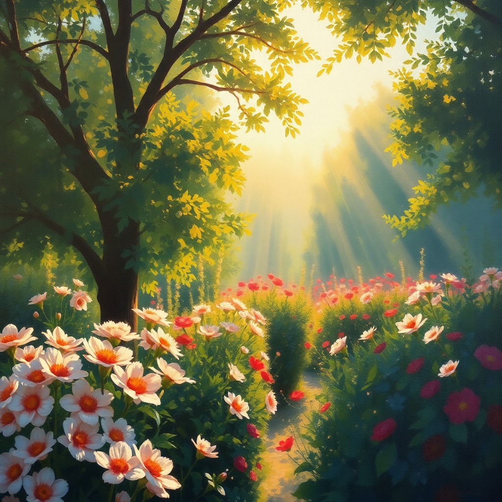 AI generated art for prompt: An imaginative oil painting capturing the serene beauty of a blooming garden under soft diffused sun