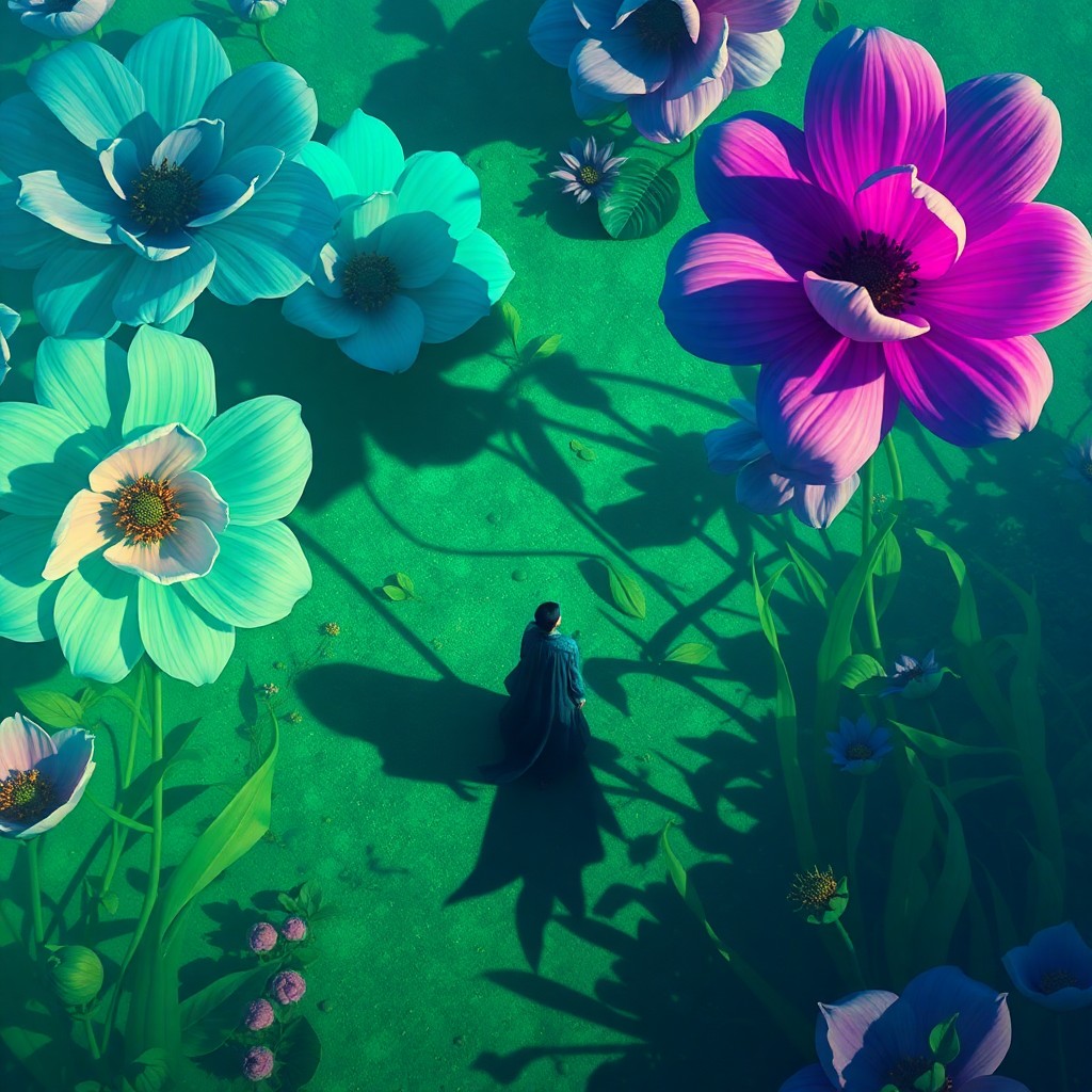 AI generated art for prompt: A surreal digital artwork portrays an aerial view of an ethereal garden, where oversized flowers blo