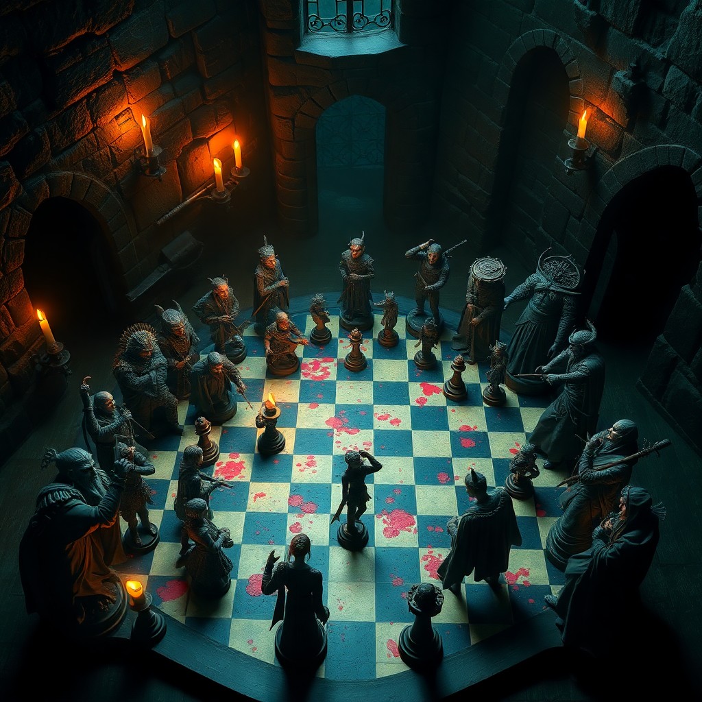 AI generated art for prompt: A surreal chessboard springs to life in a dark, gothic castle interior, with each piece transformed 