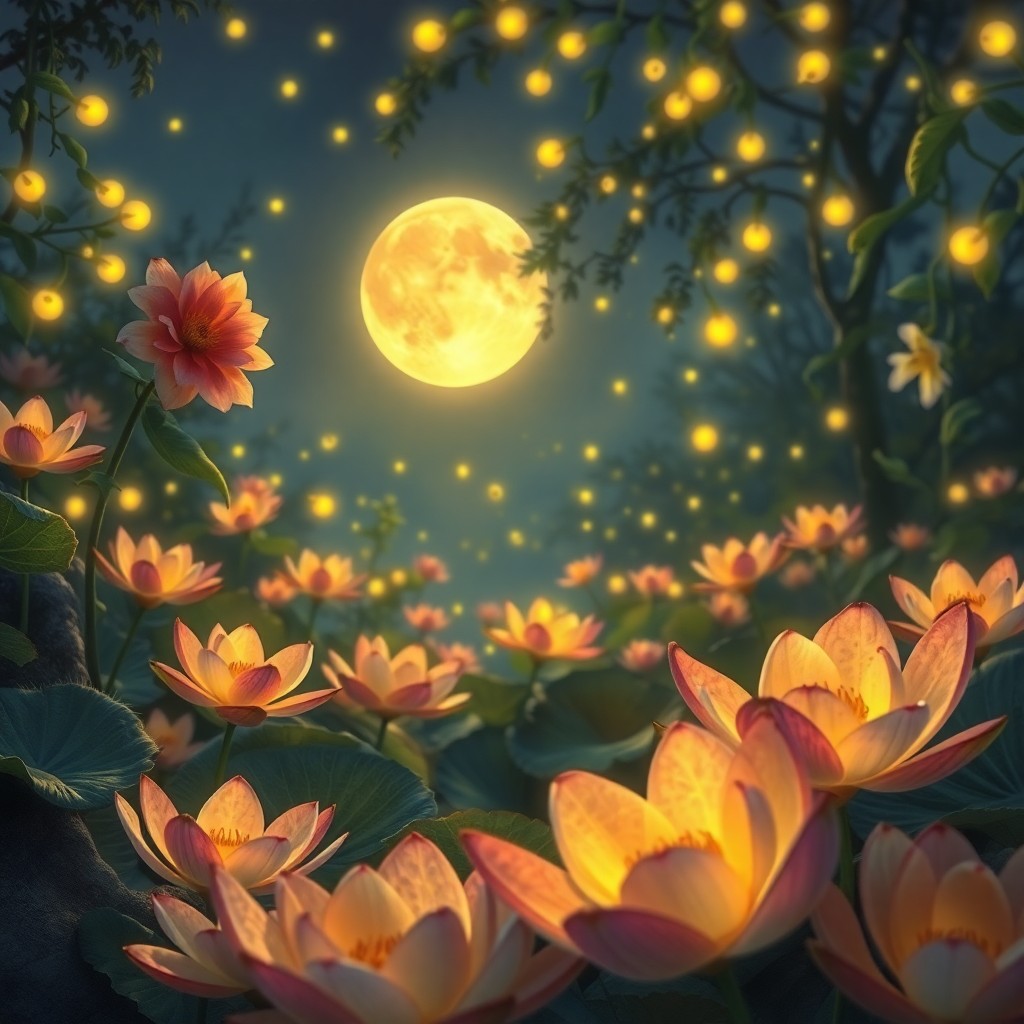 AI generated art for prompt: Imagine an alluring moonlit garden aglow with the gentle light of fireflies, reminiscent of Monet's 