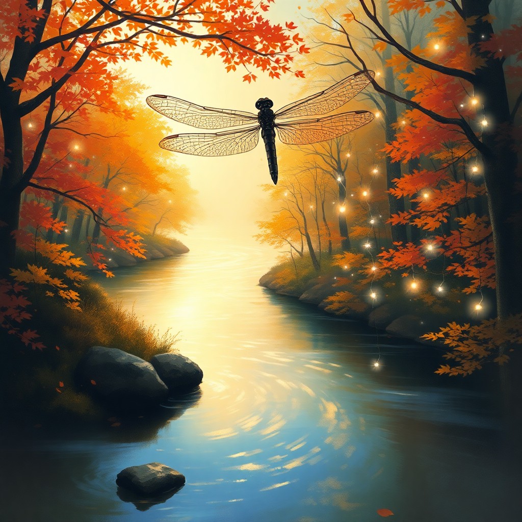 AI generated art for prompt: Create an impressionistic landscape showcasing a peaceful river adorned with autumn's vibrant hues, 