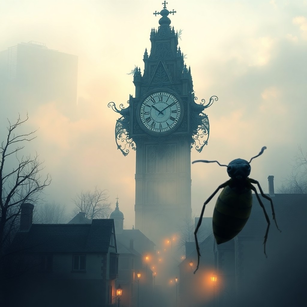 AI generated art for prompt: A digital artwork depicting an enigmatic clocktower with intricate, surreal architecture dominating 