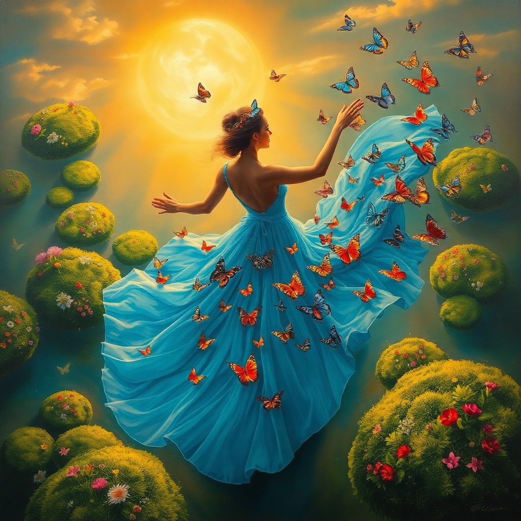 AI generated art for prompt: A mesmerizing surrealist oil painting captures a woman in a flowing azure gown as she dances elegant