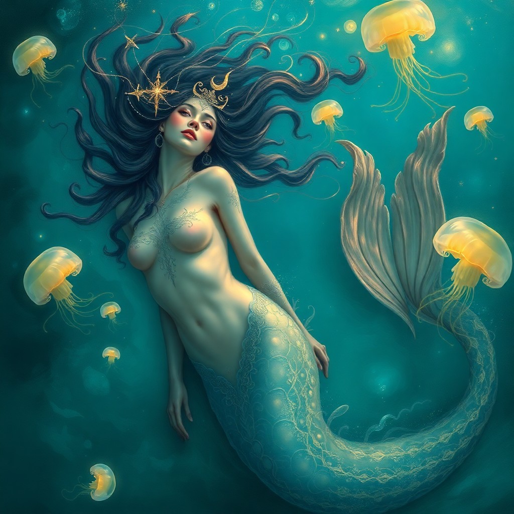 AI generated art for prompt: An exquisite portrayal of a mythical sea creature with celestial features is captured in an enchanti