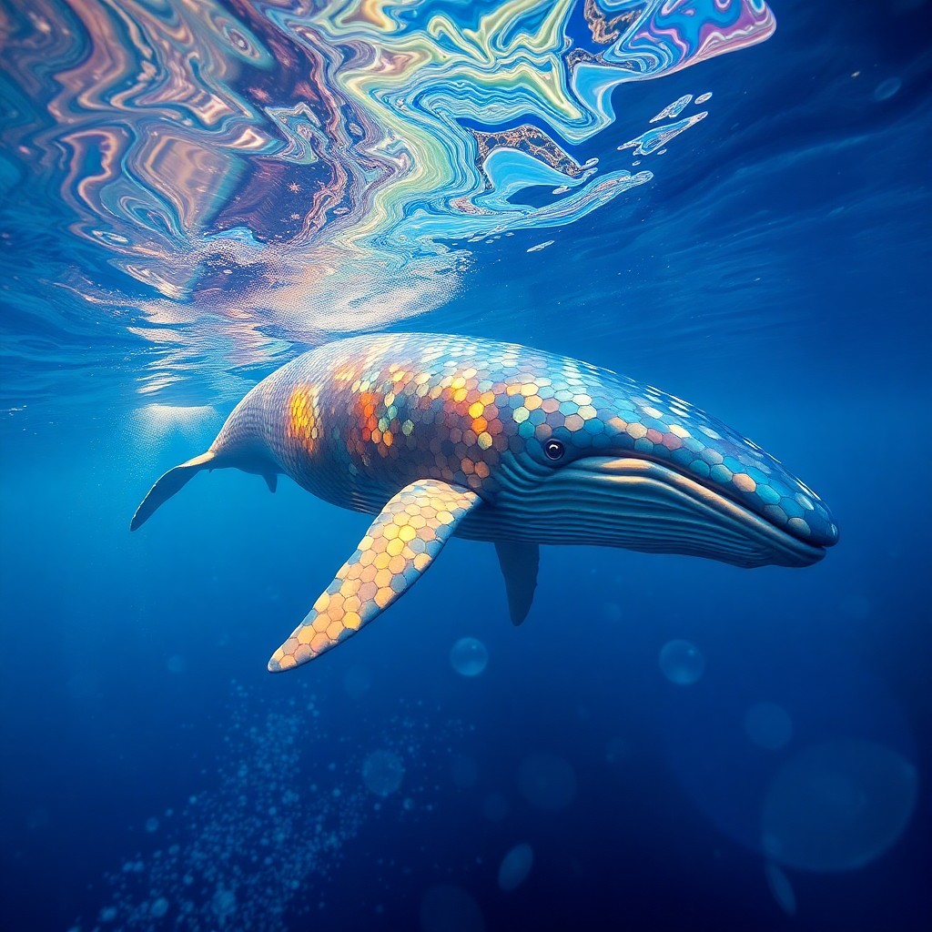 AI generated art for prompt: Imagine an enchanting underwater scene where a majestic whale with iridescent scales gracefully glid