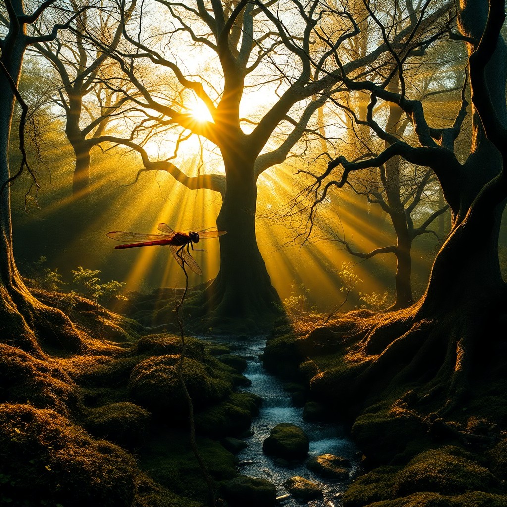 AI generated art for prompt: A panoramic landscape captures the surreal beauty of an enchanted forest bathed in the golden light 