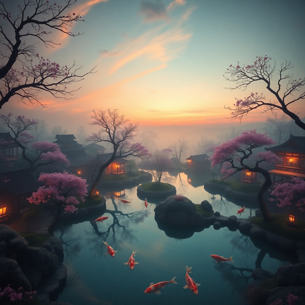 AI generated art for prompt: A surreal digital art composition depicting an otherworldly Japanese garden at dusk, reminiscent of 