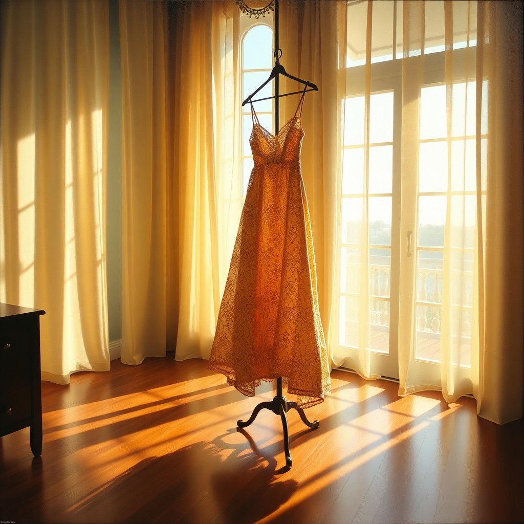 AI generated art for prompt: A mesmerizing oil painting captures a tranquil room illuminated by golden sunlight filtering through