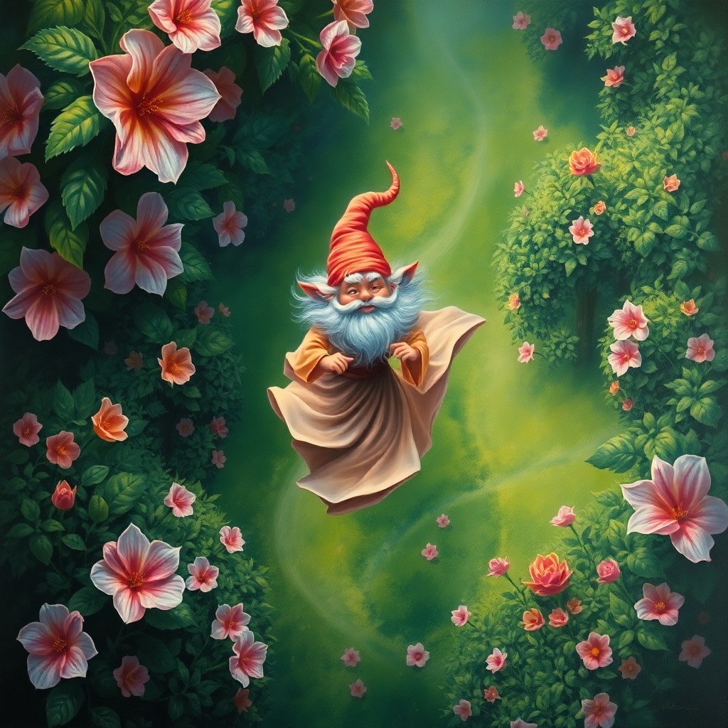 AI generated art for prompt: A captivating oil painting showcases an aerial perspective of a magical garden, revealing a mischiev