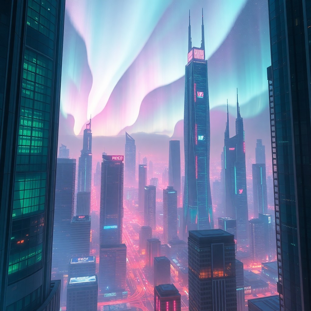 AI generated art for prompt: A mesmerizing digital art composition showcasing a futuristic metropolis under a luminous aurora, wi