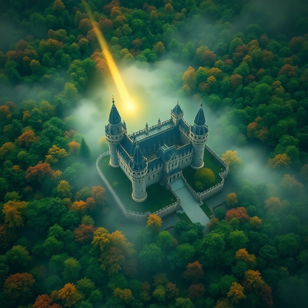 AI generated art for prompt: An awe-inspiring aerial perspective showcases a grandiose fortress nestled within a verdant, fog-lad