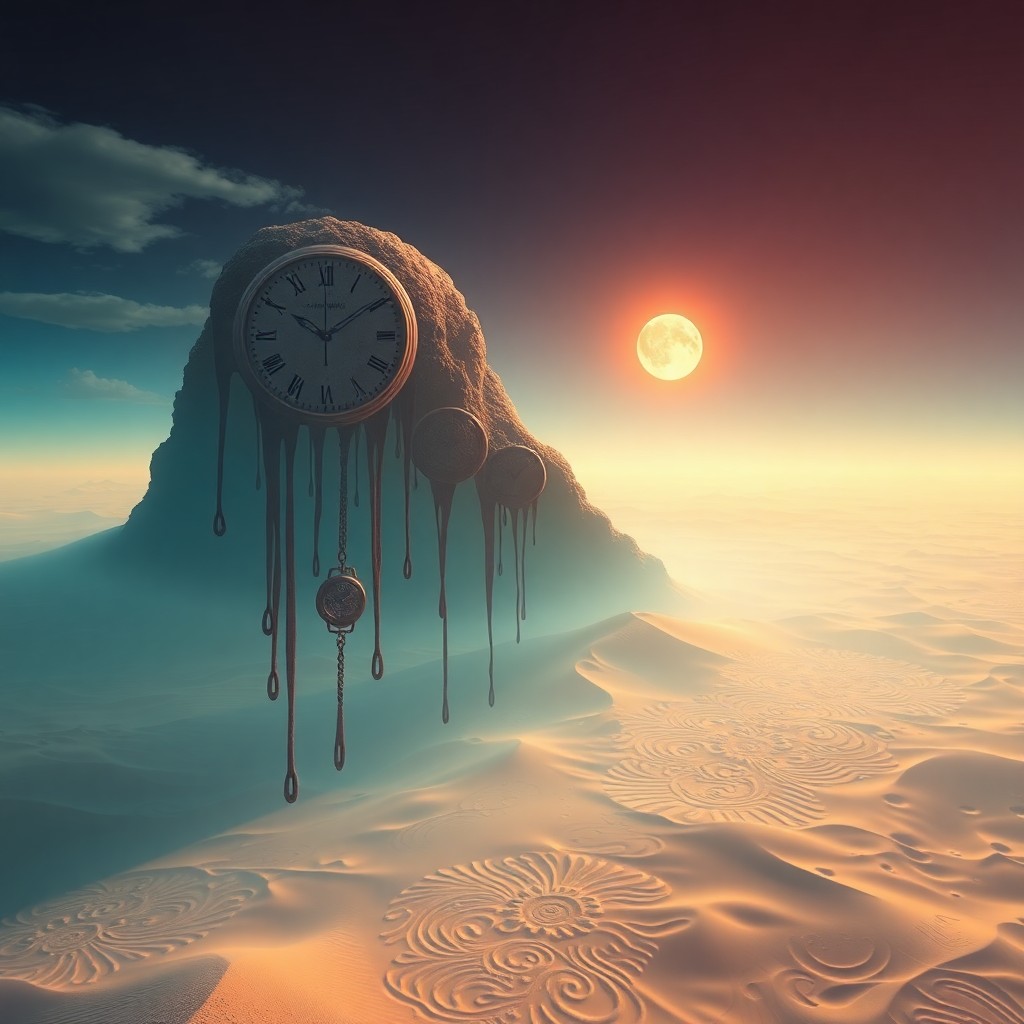 AI generated art for prompt: A captivating digital artwork depicts an ethereal desert vista under a dual-sun sky, where surreal, 