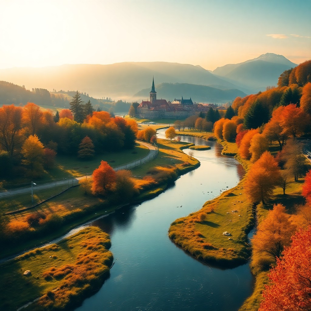 AI generated art for prompt: Create an awe-inspiring 8k aerial drone image capturing a serene autumnal landscape, reminiscent of 