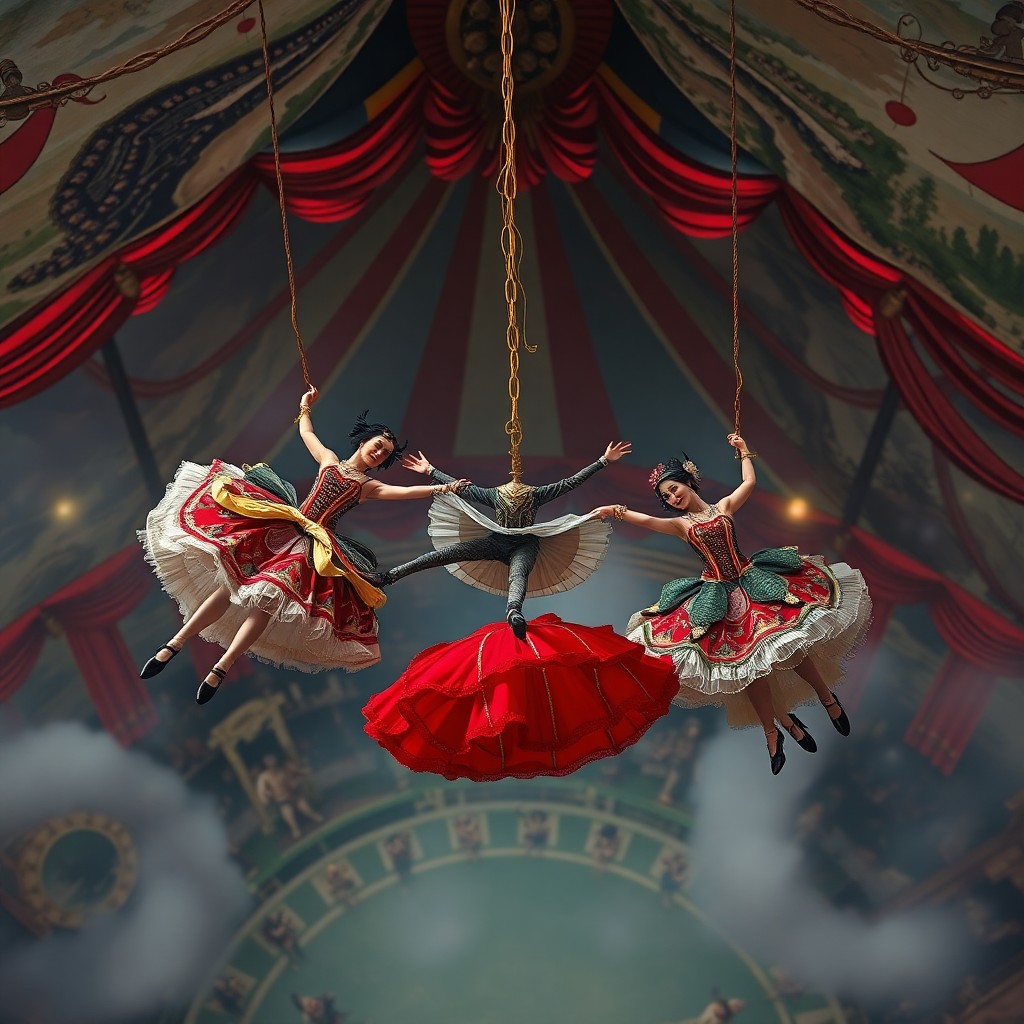 AI generated art for prompt: A 'bug's-eye view' captures a surreal circus where gravity seems to bend to the whims of acrobats pi