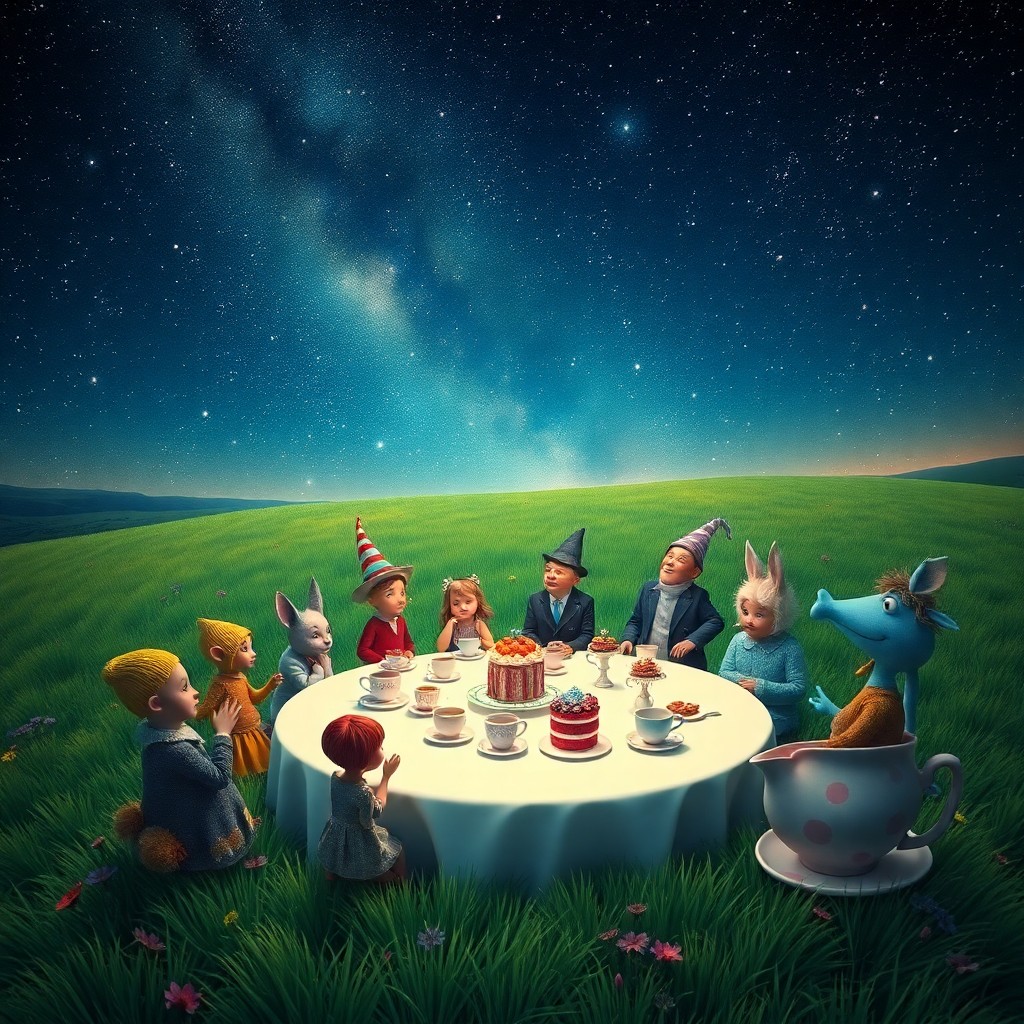 AI generated art for prompt: A dreamlike digital artwork portrays an enchanting tea gathering in an expansive open meadow under a