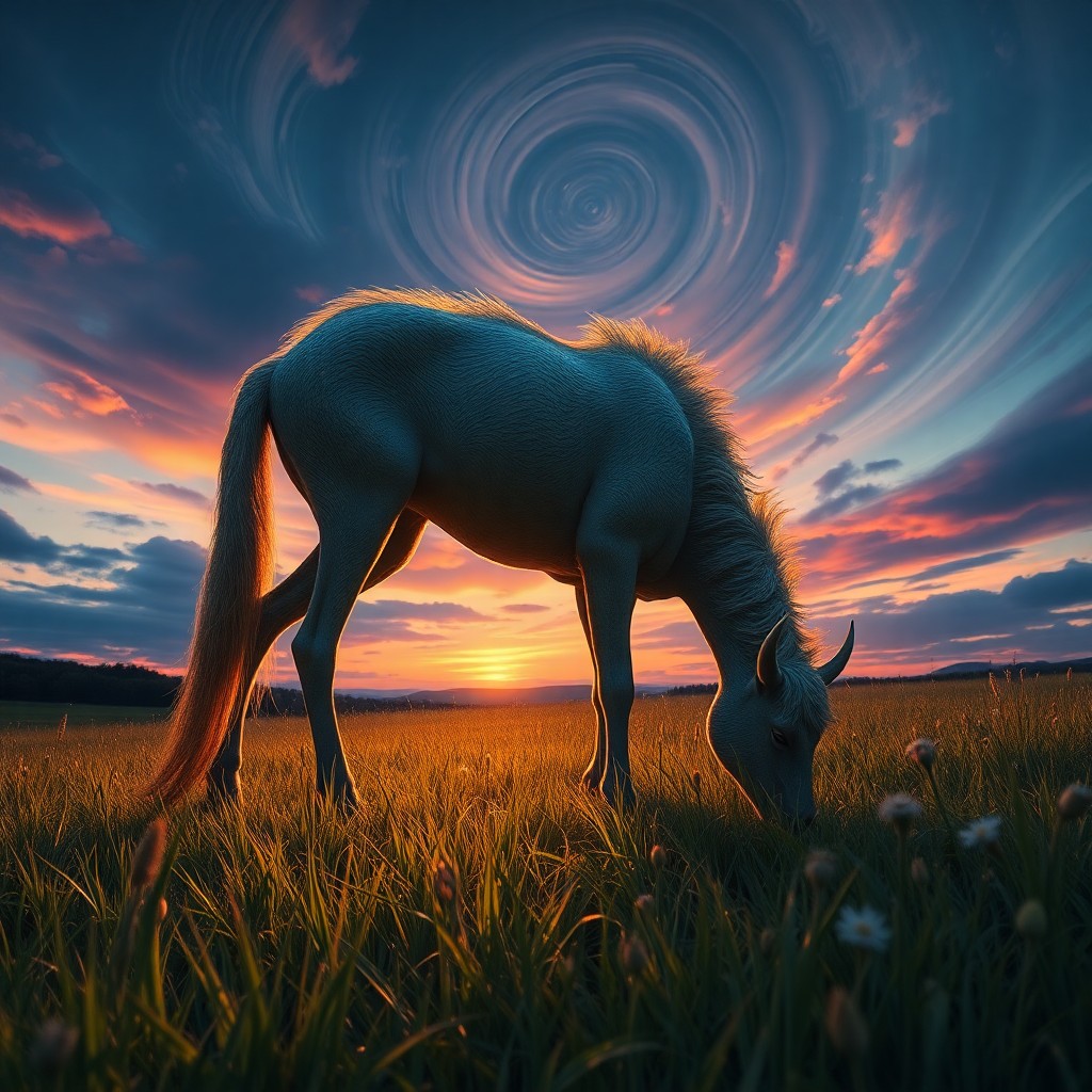 AI generated art for prompt: Create an image featuring a mythical creature grazing in a serene meadow under a vibrant twilight sk