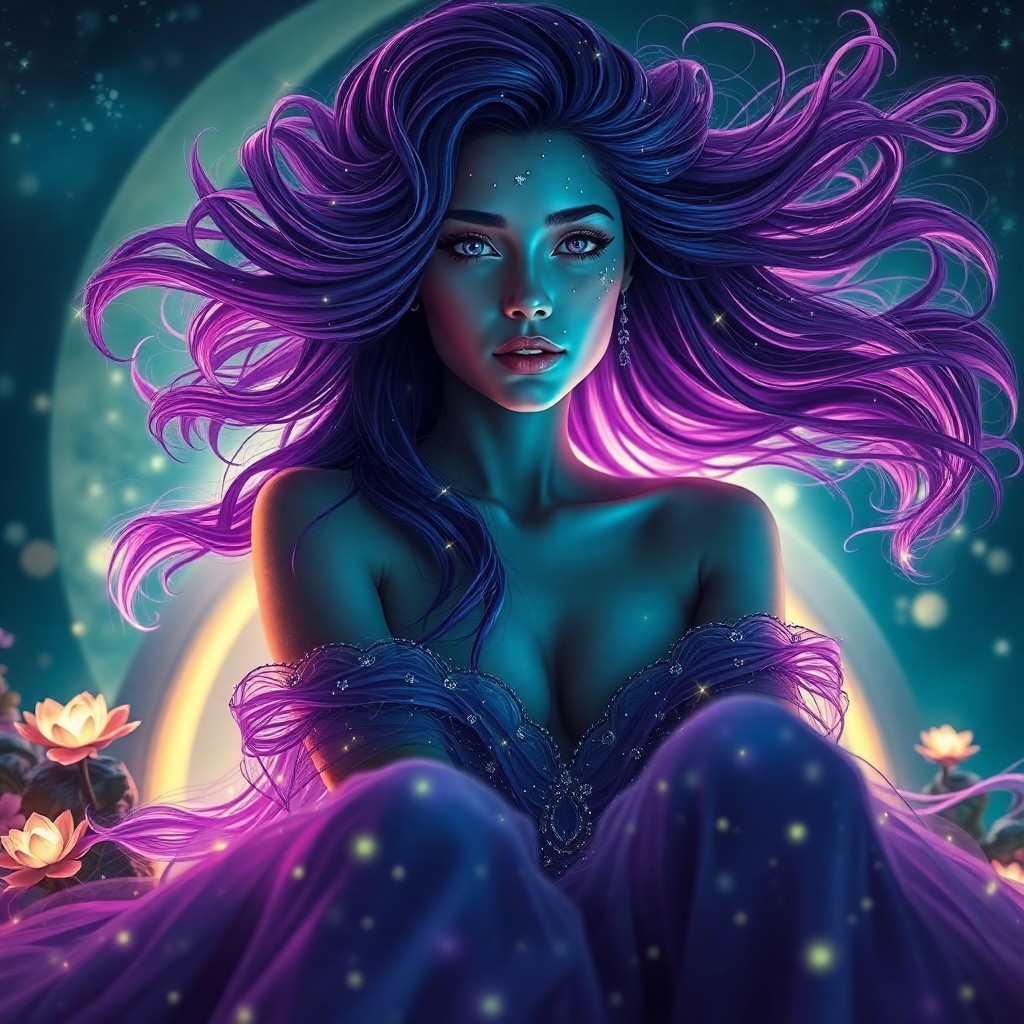 AI generated art for prompt: A captivating portrait of an ethereal enchantress with mesmerizing purple hair akin to swirling gala